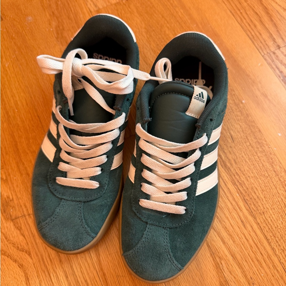 adidas Dark Green Suede Sneakers with White Stripes $60, size 5.5 W, wore once
